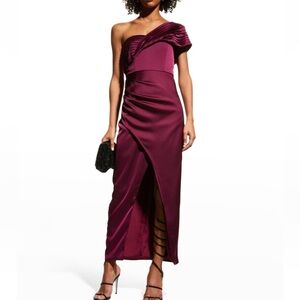 Theia Gisela One-Shoulder Burgundy Satin Cocktail  Pleated Draped Midi Formal